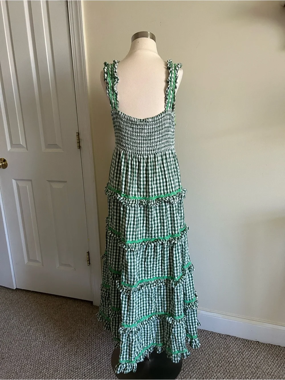Anthropologie Neon Rose Gingham Ruffle Maxi Green Dress size L - Picture 5 of 10